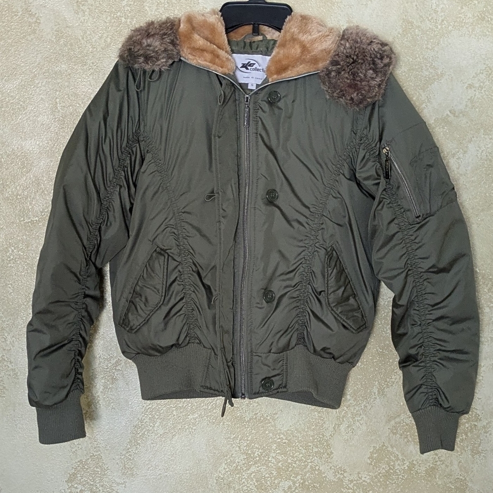 Kc Collections Y2K Women's Down Filled Puffer Jacket Size S Green Faux Fur Hood